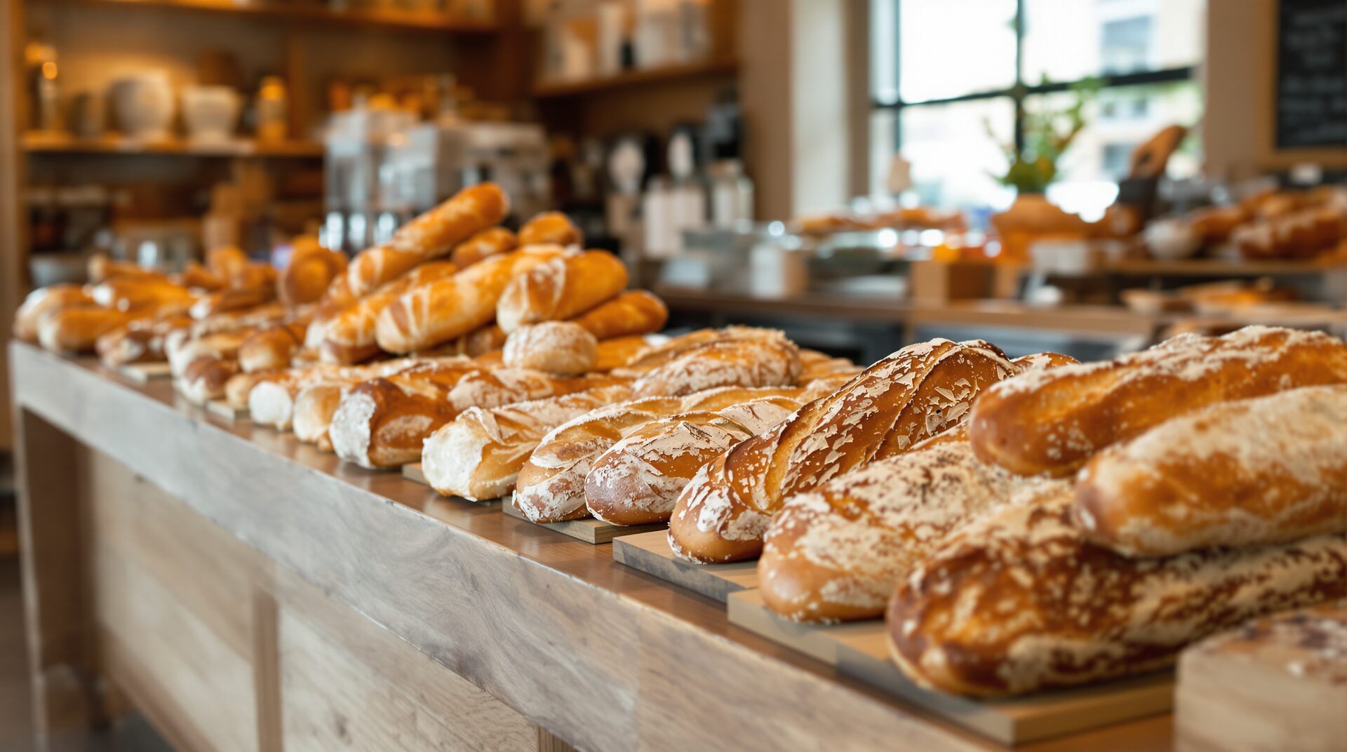 Freshly baked loaves and pastries laid out on a wooden counter in the morning light